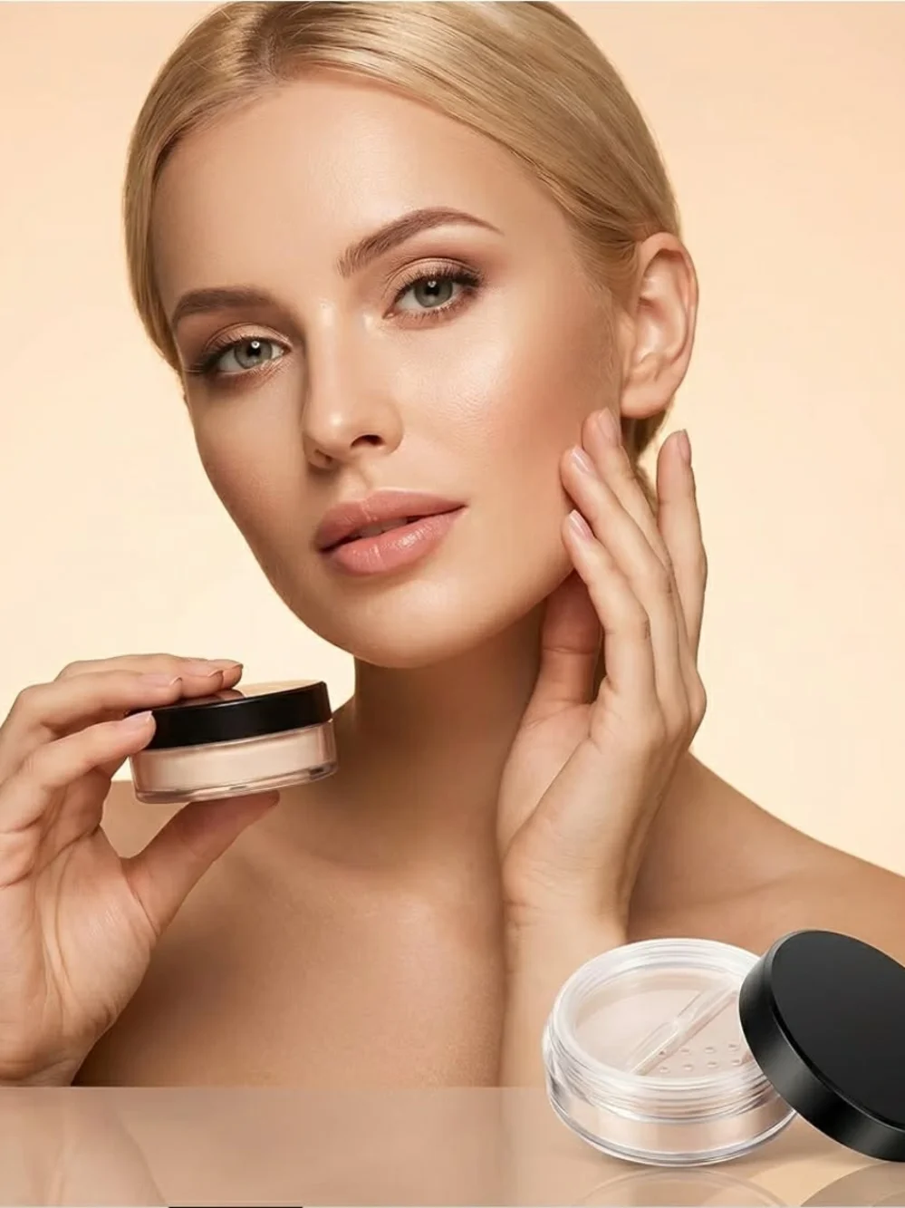 Clear Travel-Friendly Powder Cosmetic Jar with Black Screw Lid & Sifter BNIB